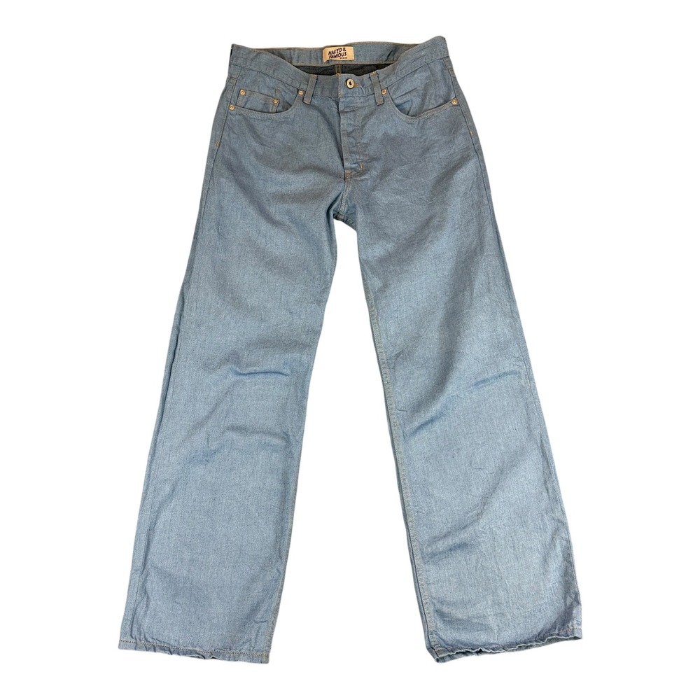 Naked & Famous Strong Guy Men 34 Light Blue Night Sky Selvedge Wide Leg Jeans